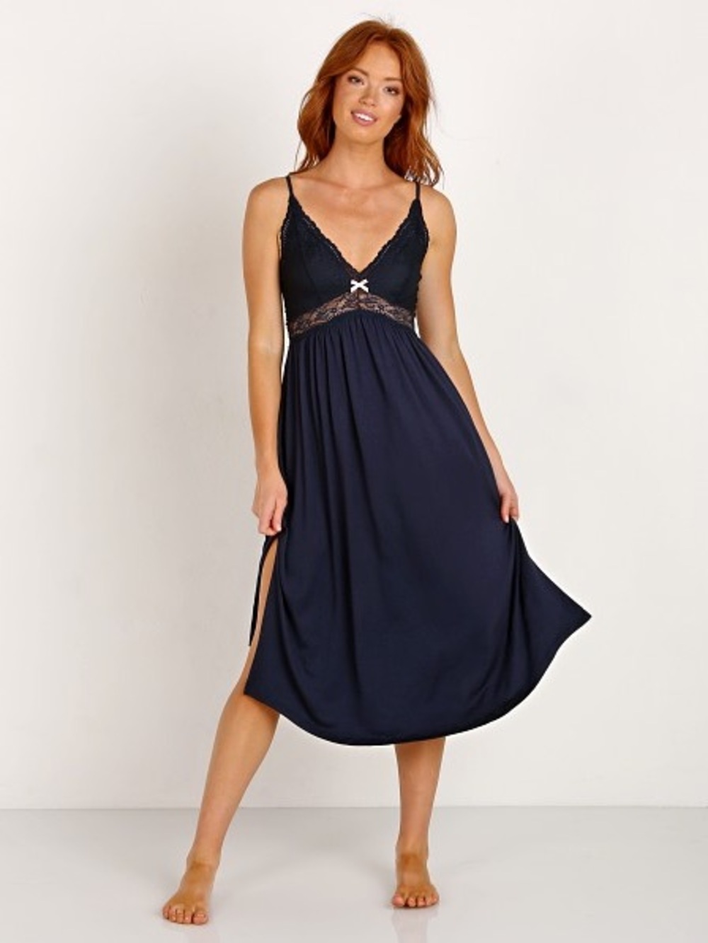 NWT Anthropologie Eberjey Colette Chemise Lace Navy Midi Nightgown, Large